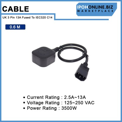 IEC C14 Male Plug to UK 3Pin 13A Fused Female Socket Power Adapter Cable