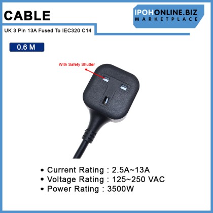 IEC C14 Male Plug to UK 3Pin 13A Fused Female Socket Power Adapter Cable