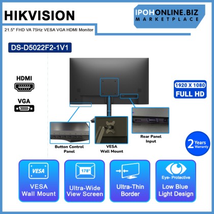 Hikvision DS-D5022F2-1V1 21.5" FHD VA 75Hz VESA VGA HDMI Borderless Monitor Hikvision DS-D5022F2-1V1 21.5" FHD VA 75Hz VESA VGA HDMI Borderless Monitor