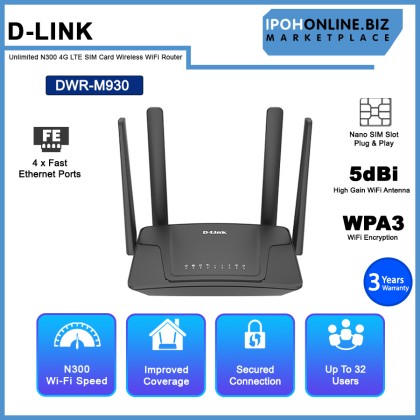 D-LINK DWR-M930 Unlimited Plan Supported N300 4G LTE SIM Card Wireless N300 Modem WiFi Router D-LINK DWR-M930 Unlimited Plan Supported N300 4G LTE SIM Card Wireless N300 Modem WiFi Router