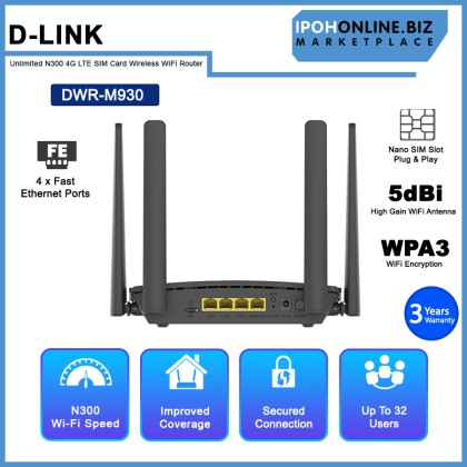 D-LINK DWR-M930 Unlimited Plan Supported N300 4G LTE SIM Card Wireless N300 Modem WiFi Router D-LINK DWR-M930 Unlimited Plan Supported N300 4G LTE SIM Card Wireless N300 Modem WiFi Router