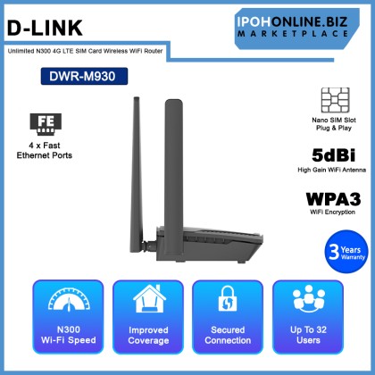 D-LINK DWR-M930 Unlimited Plan Supported N300 4G LTE SIM Card Wireless N300 Modem WiFi Router D-LINK DWR-M930 Unlimited Plan Supported N300 4G LTE SIM Card Wireless N300 Modem WiFi Router