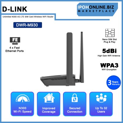 D-LINK DWR-M930 Unlimited Plan Supported N300 4G LTE SIM Card Wireless N300 Modem WiFi Router D-LINK DWR-M930 Unlimited Plan Supported N300 4G LTE SIM Card Wireless N300 Modem WiFi Router
