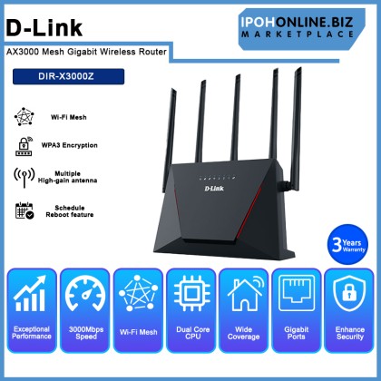 D-LINK DIR-X3000Z AX3000 High Gain Antennas MESH GIGABIT Wireless WiFi 6 Router D-LINK DIR-X3000Z AX3000 High Gain Antennas MESH GIGABIT Wireless WiFi 6 Router