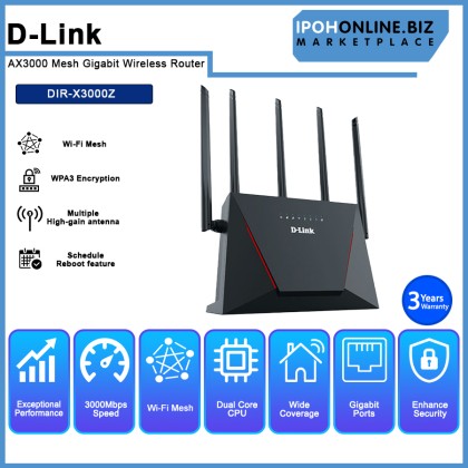 D-LINK DIR-X3000Z AX3000 High Gain Antennas MESH GIGABIT Wireless WiFi 6 Router D-LINK DIR-X3000Z AX3000 High Gain Antennas MESH GIGABIT Wireless WiFi 6 Router