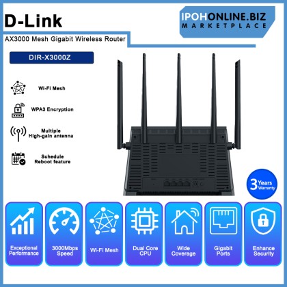 D-LINK DIR-X3000Z AX3000 High Gain Antennas MESH GIGABIT Wireless WiFi 6 Router D-LINK DIR-X3000Z AX3000 High Gain Antennas MESH GIGABIT Wireless WiFi 6 Router