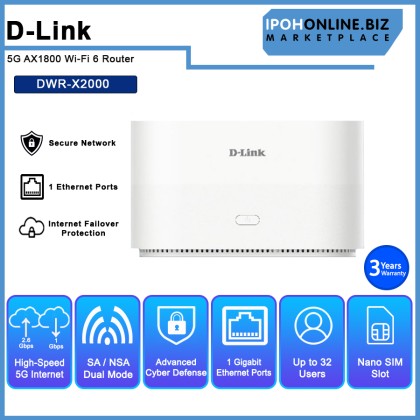 D-Link DWR-X2000 5G AX1800 WiFi 6 DUAL WAN Mobile Router D-Link DWR-X2000 5G AX1800 WiFi 6 DUAL WAN Mobile Router