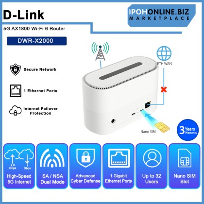 D-Link DWR-X2000 5G AX1800 WiFi 6 DUAL WAN Mobile Router D-Link DWR-X2000 5G AX1800 WiFi 6 DUAL WAN Mobile Router
