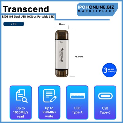 Transcend ESD310S Silver 2TB USB3.1 Gen2 Portable SSD with Type-C & Type-A Connection Transcend ESD310S Silver 2TB USB3.1 Gen2 Portable SSD with Type-C & Type-A Connection