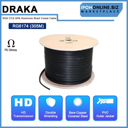 DRAKA RG6 CCS 90% Aluminum Braid, PVC 75Ohms (RG6174) Coaxial Cable 305M DRAKA RG6 CCS 90% Aluminum Braid, PVC 75Ohms (RG6174) Coaxial Cable 305M