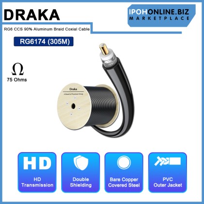 DRAKA RG6 CCS 90% Aluminum Braid, PVC 75Ohms (RG6174) Coaxial Cable 305M DRAKA RG6 CCS 90% Aluminum Braid, PVC 75Ohms (RG6174) Coaxial Cable 305M