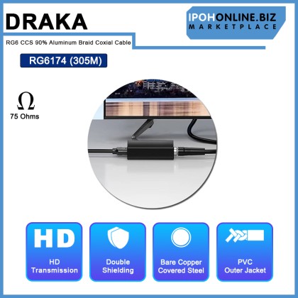 DRAKA RG6 CCS 90% Aluminum Braid, PVC 75Ohms (RG6174) Coaxial Cable 305M DRAKA RG6 CCS 90% Aluminum Braid, PVC 75Ohms (RG6174) Coaxial Cable 305M