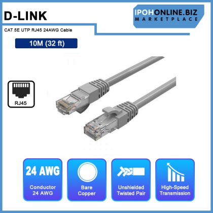 D-LINK CAT 5E UTP RJ45 Cable Grey 24AWG Patch Cord Snagless 10M (32ft) / 15M (49ft) D-LINK CAT 5E UTP RJ45 Cable Grey 24AWG Patch Cord Snagless 10M (32ft) / 15M (49ft)