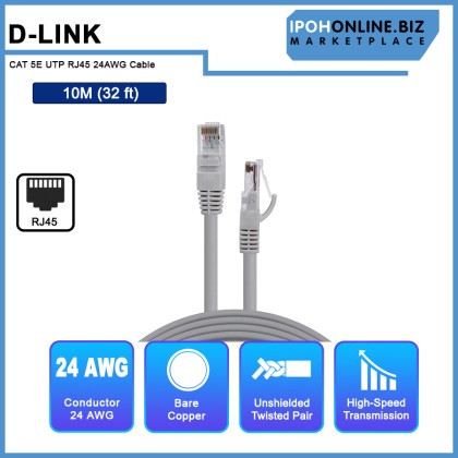 D-LINK CAT 5E UTP RJ45 Cable Grey 24AWG Patch Cord Snagless 10M (32ft) / 15M (49ft) D-LINK CAT 5E UTP RJ45 Cable Grey 24AWG Patch Cord Snagless 10M (32ft) / 15M (49ft)