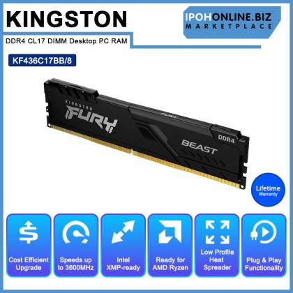 KINGSTON FURY BEAST KF436C17BB/8 8GB 3600MHz DDR4 CL17 DIMM Desktop PC RAM