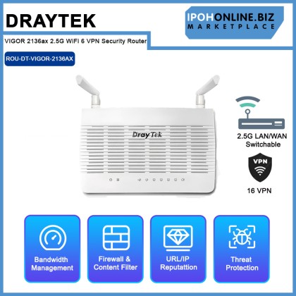 DrayTek Vigor2136ax AX3000 WiFi 6 2.5G 16 VPN Security Router with 1×2.5G WAN & 1×2.5G LAN/WAN Switchable Port DrayTek Vigor2136ax AX3000 WiFi 6 2.5G 16 VPN Security Router with 1×2.5G WAN & 1×2.5G LAN/WAN Switchable Port