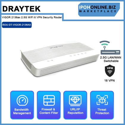 DrayTek Vigor2136ax AX3000 WiFi 6 2.5G 16 VPN Security Router with 1×2.5G WAN & 1×2.5G LAN/WAN Switchable Port DrayTek Vigor2136ax AX3000 WiFi 6 2.5G 16 VPN Security Router with 1×2.5G WAN & 1×2.5G LAN/WAN Switchable Port