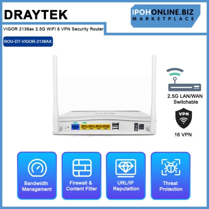 DrayTek Vigor2136ax AX3000 WiFi 6 2.5G 16 VPN Security Router with 1×2.5G WAN & 1×2.5G LAN/WAN Switchable Port DrayTek Vigor2136ax AX3000 WiFi 6 2.5G 16 VPN Security Router with 1×2.5G WAN & 1×2.5G LAN/WAN Switchable Port