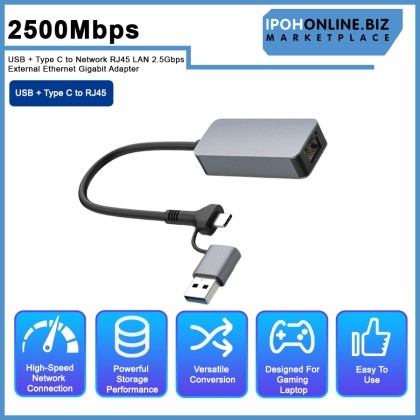 2500Mbps USB + Type C to Network RJ45 LAN 2.5Gbps External Ethernet Gigabit Adapter 2500Mbps USB + Type C to Network RJ45 LAN 2.5Gbps External Ethernet Gigabit Adapter