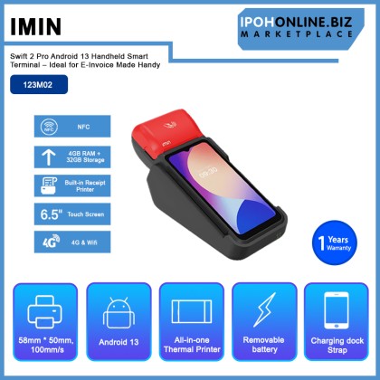IMIN Swift 2 Pro Android 13 Handheld Smart Terminal (6.5" Touch Screen, 4G/WiFi, NFC, Built-in Receipt Printer, 4GB RAM + 32GB Storage) – Ideal for E-Invoice Made Handy IMIN Swift 2 Pro Android 13 Handheld Smart Terminal (6.5" Touch Screen, 4G/WiFi, NFC, Built-in Receipt Printer, 4GB RAM + 32GB Storage) – Ideal for E-Invoice Made Handy
