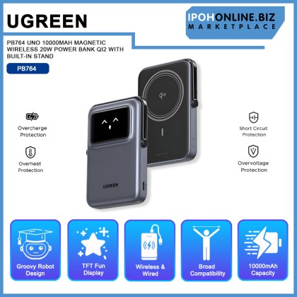 UGREEN PB764 UNO 10000MAH MAGNETIC WIRELESS 20W POWER BANK QI2 WITH BUILT-IN STAND