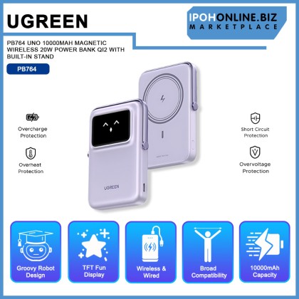 UGREEN PB764 UNO 10000MAH MAGNETIC WIRELESS 20W POWER BANK QI2 WITH BUILT-IN STAND