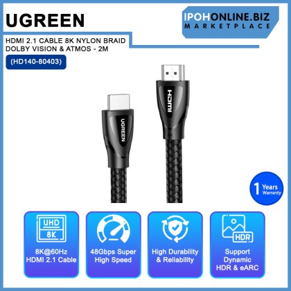 UGREEN HDMI 2.1 CABLE 8K NYLON BRAID DOLBY VISION & ATMOS (HD140-80403) - 2M UGREEN HDMI 2.1 CABLE 8K NYLON BRAID DOLBY VISION & ATMOS (HD140-80403) - 2M
