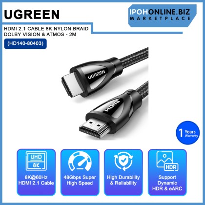 UGREEN HDMI 2.1 CABLE 8K NYLON BRAID DOLBY VISION & ATMOS (HD140-80403) - 2M UGREEN HDMI 2.1 CABLE 8K NYLON BRAID DOLBY VISION & ATMOS (HD140-80403) - 2M