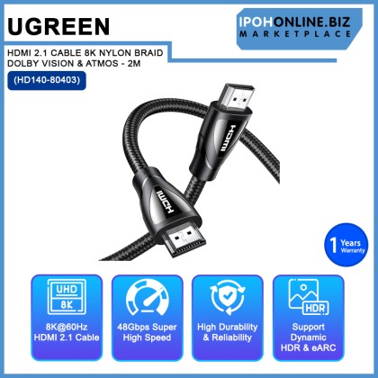 UGREEN HDMI 2.1 CABLE 8K NYLON BRAID DOLBY VISION & ATMOS (HD140-80403) - 2M UGREEN HDMI 2.1 CABLE 8K NYLON BRAID DOLBY VISION & ATMOS (HD140-80403) - 2M