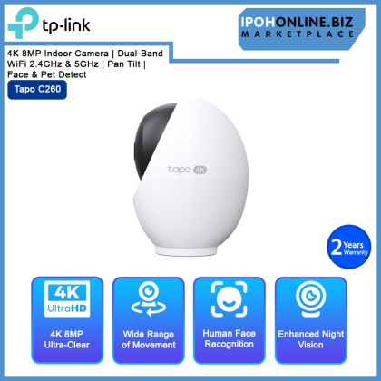 TP-Link Tapo C260 4K 8MP Indoor Camera | Dual-Band WiFi 2.4GHz & 5GHz | Pan Tilt | Face & Pet Detect TP-Link Tapo C260 4K 8MP Indoor Camera | Dual-Band WiFi 2.4GHz & 5GHz | Pan Tilt | Face & Pet Detect