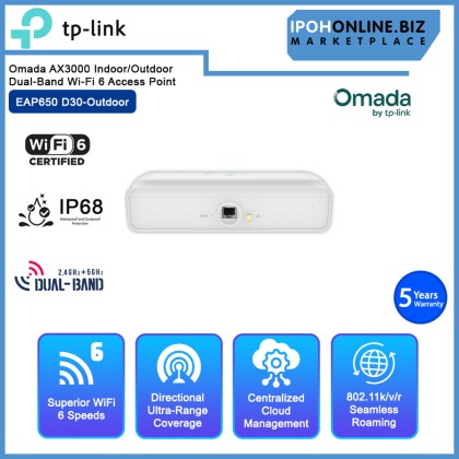 TP-LINK EAP650 D30-Outdoor Omada AX3000 Indoor/Outdoor Dual-Band Wi-Fi 6 Access Point TP-LINK EAP650 D30-Outdoor Omada AX3000 Indoor/Outdoor Dual-Band Wi-Fi 6 Access Point