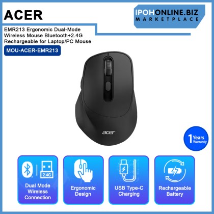 ACER EMR213 Ergonomic Dual-Mode Wireless Mouse Bluetooth+2.4G Rechargeable for Laptop/PC Mouse ACER EMR213 Ergonomic Dual-Mode Wireless Mouse Bluetooth+2.4G Rechargeable for Laptop/PC Mouse