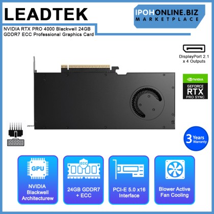 LEADTEK NVIDIA RTX PRO 4000 Blackwell 24GB GDDR7 ECC Professional Graphics Card LEADTEK NVIDIA RTX PRO 4000 Blackwell 24GB GDDR7 ECC Professional Graphics Card