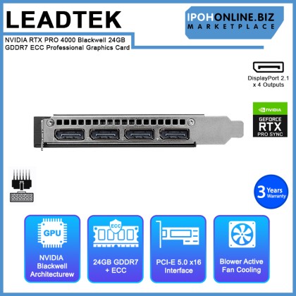 LEADTEK NVIDIA RTX PRO 4000 Blackwell 24GB GDDR7 ECC Professional Graphics Card LEADTEK NVIDIA RTX PRO 4000 Blackwell 24GB GDDR7 ECC Professional Graphics Card