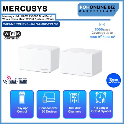 Mercusys Halo H80X AX3000 Dual Band Whole Home Mesh WiFi 6 System - 2Pack Mercusys Halo H80X AX3000 Dual Band Whole Home Mesh WiFi 6 System - 2Pack