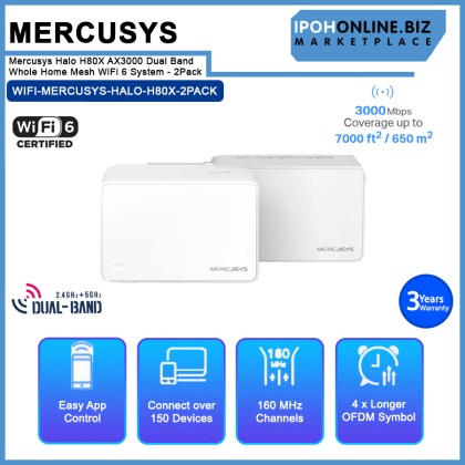 Mercusys Halo H80X AX3000 Dual Band Whole Home Mesh WiFi 6 System - 2Pack Mercusys Halo H80X AX3000 Dual Band Whole Home Mesh WiFi 6 System - 2Pack