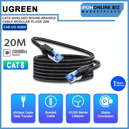 UGREEN CAT8 SHIELDED ROUND BRAIDED CABLE MODULAR PLUGS 20M (NW153-30800) UGREEN CAT8 SHIELDED ROUND BRAIDED CABLE MODULAR PLUGS 20M (NW153-30800)