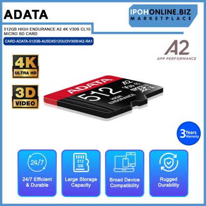 ADATA 512GB HIGH ENDURANCE A2 4K V30S CL10 MICRO SD CARD ADATA 512GB HIGH ENDURANCE A2 4K V30S CL10 MICRO SD CARD