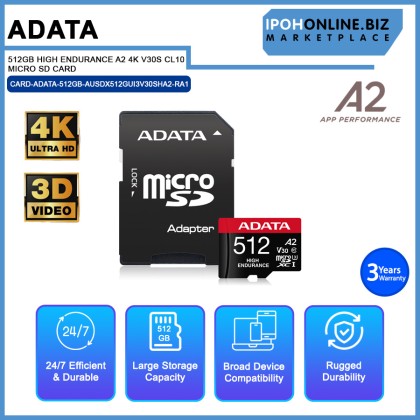 ADATA 512GB HIGH ENDURANCE A2 4K V30S CL10 MICRO SD CARD ADATA 512GB HIGH ENDURANCE A2 4K V30S CL10 MICRO SD CARD