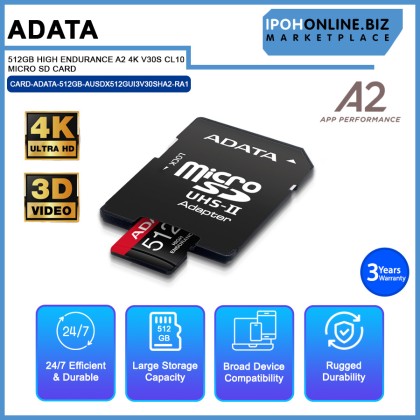ADATA 512GB HIGH ENDURANCE A2 4K V30S CL10 MICRO SD CARD ADATA 512GB HIGH ENDURANCE A2 4K V30S CL10 MICRO SD CARD