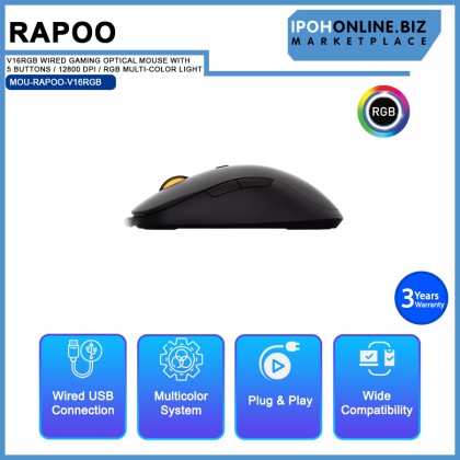 RAPOO V16RGB WIRED GAMING OPTICAL MOUSE WITH 5 BUTTONS / 12800 DPI / RGB MULTI-COLOR LIGHT / ERGONOM RAPOO V16RGB WIRED GAMING OPTICAL MOUSE WITH 5 BUTTONS / 12800 DPI / RGB MULTI-COLOR LIGHT / ERGONOM