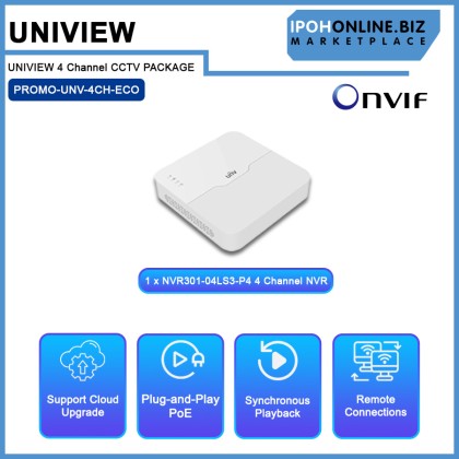 UNIVIEW (UNV) IP ECO series 2MP 4 Channel NVR301-04LS3-P4 Onvif NVR + 4 x UNV 2MP 2.8MM IR30M POE IP67 Bullet Network Camera + 1 x 1TB HDD CCTV Hard Disk CCTV Package UNIVIEW (UNV) IP ECO series 2MP 4 Channel NVR301-04LS3-P4 Onvif NVR + 4 x UNV 2MP 2.8MM IR30M POE IP67 Bullet Network Camera + 1 x 1TB HDD CCTV Hard Disk CCTV Package