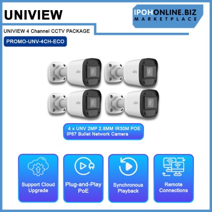 UNIVIEW (UNV) IP ECO series 2MP 4 Channel NVR301-04LS3-P4 Onvif NVR + 4 x UNV 2MP 2.8MM IR30M POE IP67 Bullet Network Camera + 1 x 1TB HDD CCTV Hard Disk CCTV Package UNIVIEW (UNV) IP ECO series 2MP 4 Channel NVR301-04LS3-P4 Onvif NVR + 4 x UNV 2MP 2.8MM IR30M POE IP67 Bullet Network Camera + 1 x 1TB HDD CCTV Hard Disk CCTV Package