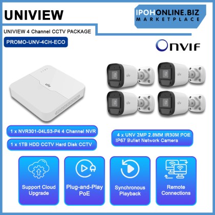 UNIVIEW (UNV) IP ECO series 2MP 4 Channel NVR301-04LS3-P4 Onvif NVR + 4 x UNV 2MP 2.8MM IR30M POE IP67 Bullet Network Camera + 1 x 1TB HDD CCTV Hard Disk CCTV Package UNIVIEW (UNV) IP ECO series 2MP 4 Channel NVR301-04LS3-P4 Onvif NVR + 4 x UNV 2MP 2.8MM IR30M POE IP67 Bullet Network Camera + 1 x 1TB HDD CCTV Hard Disk CCTV Package