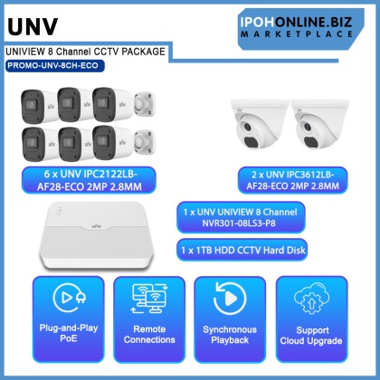UNIVIEW (UNV) IP ECO series 2MP 8 Channel NVR301-08LS3-P8 Onvif NVR + 6 x UNV 2MP 2.8MM IR30M POE IP67 Bullet Network Camera + 2 x 2MP 2.8MM IR30M POE IP67 Dome Network Camera + 1 x 1TB HDD CCTV Hard Disk CCTV Package