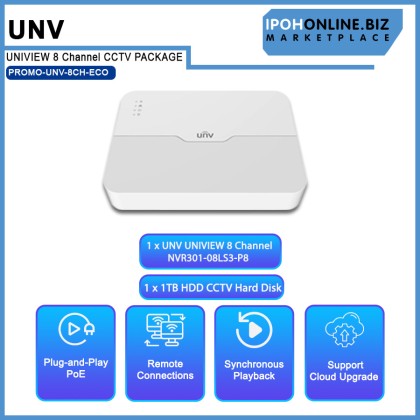 UNIVIEW (UNV) IP ECO series 2MP 8 Channel NVR301-08LS3-P8 Onvif NVR + 6 x UNV 2MP 2.8MM IR30M POE IP67 Bullet Network Camera + 2 x 2MP 2.8MM IR30M POE IP67 Dome Network Camera + 1 x 1TB HDD CCTV Hard Disk CCTV Package