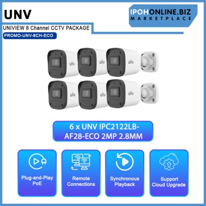 UNIVIEW (UNV) IP ECO series 2MP 8 Channel NVR301-08LS3-P8 Onvif NVR + 6 x UNV 2MP 2.8MM IR30M POE IP67 Bullet Network Camera + 2 x 2MP 2.8MM IR30M POE IP67 Dome Network Camera + 1 x 1TB HDD CCTV Hard Disk CCTV Package