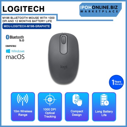 LOGITECH M196 BLUETOOTH MOUSE WITH 1000 DPI AND 12 MONTHS BATTERY LIFE