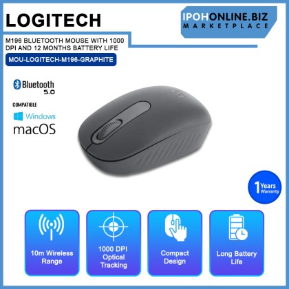 LOGITECH M196 BLUETOOTH MOUSE WITH 1000 DPI AND 12 MONTHS BATTERY LIFE