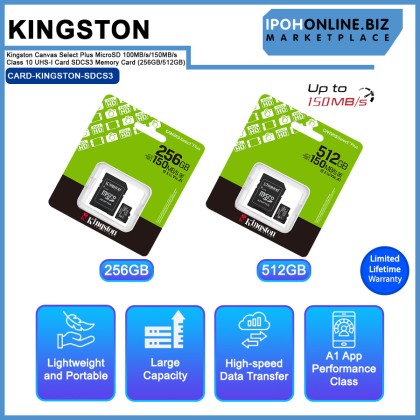 Kingston Canvas Select Plus MicroSD 150MB/s Class 10 UHS-I Card SDCS3 Memory Card (256GB/512GB) Kingston Canvas Select Plus MicroSD 150MB/s Class 10 UHS-I Card SDCS3 Memory Card (256GB/512GB)